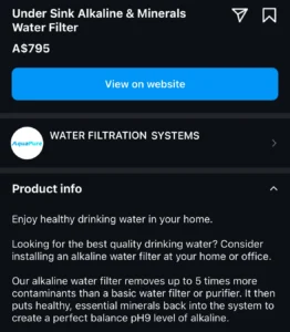 Screenshot of AquaPure Systems' Instagram store page featuring a selection of water filtration products with direct links to the purchase pages on their website.