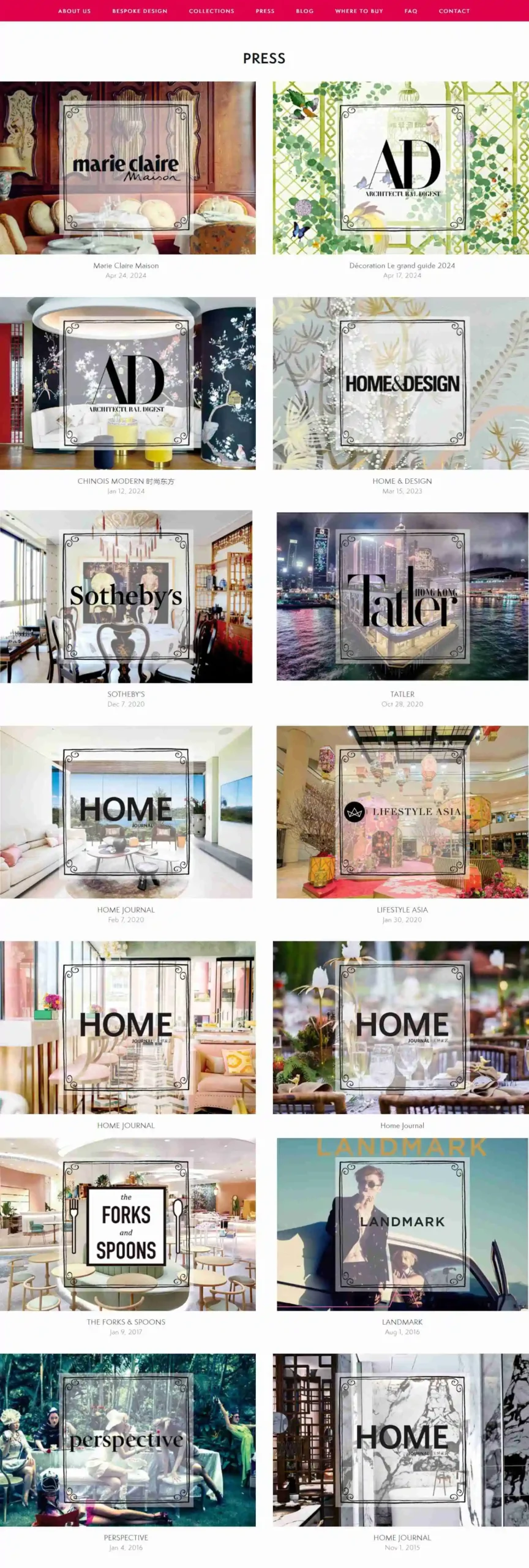 Screenshot of Velora Atelier's press page featuring a collection of thumbnails from various high-profile publications such as Vogue, Elle, and Architectural Digest, each linking to articles that highlight Velora's expertise in luxury home décor.