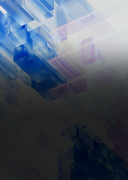 Abstract 3D illustration with translucent blue and violet geometric blocks, symbolizing data flow, technology innovation, and global digital connectivity.
