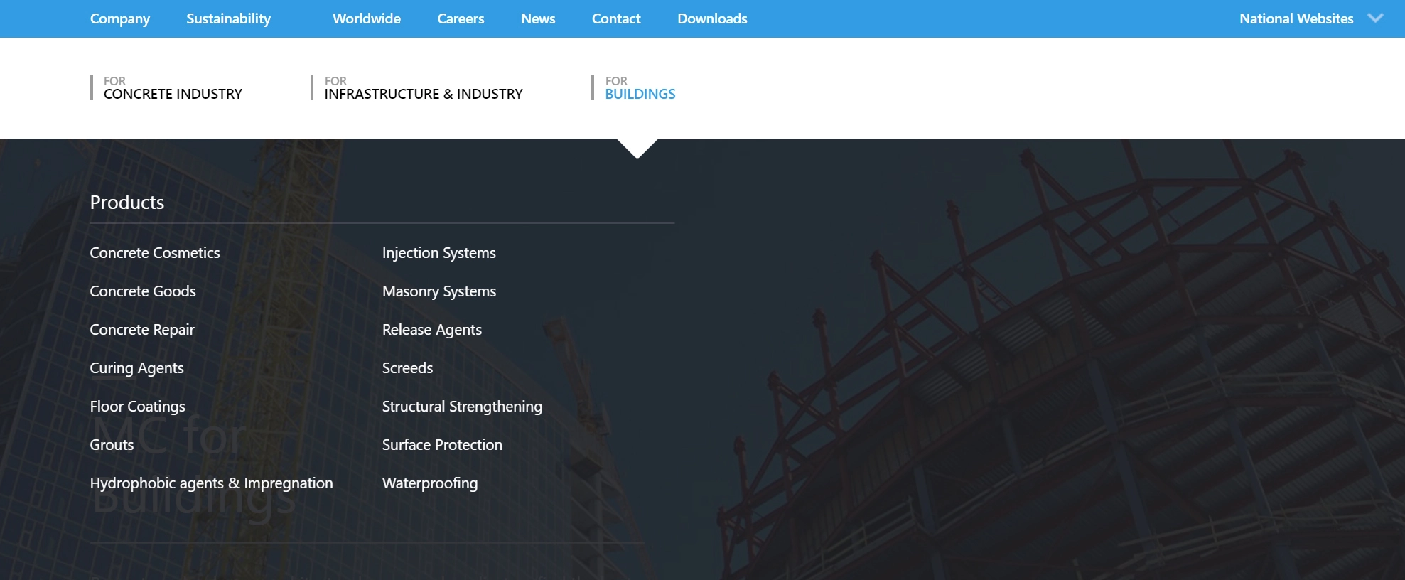 Screenshot of the redesigned mega menu on ChemiCore's website, featuring product categories such as Concrete Cosmetics, Injection Systems, and Waterproofing.