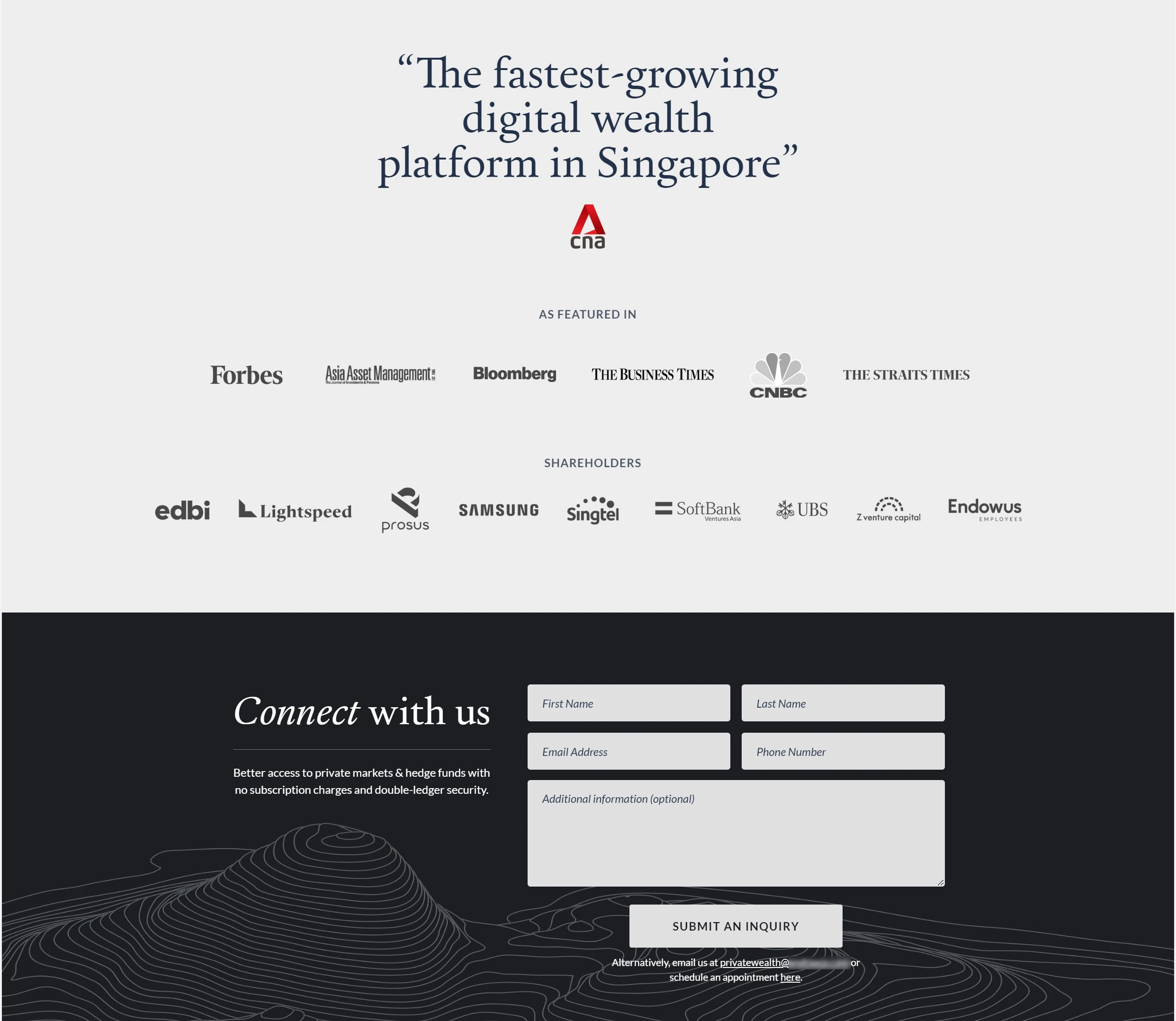 Screenshot of the 'Contact Us' form on FinTrust Capital Solutions' landing page, featuring fields for name, email, and inquiry type, designed to facilitate seamless communication for potential clients from targeted ads.