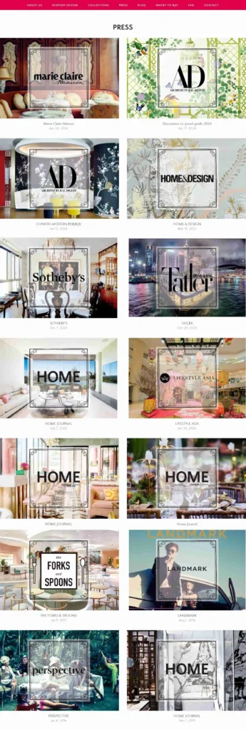 Screenshot of Velora Atelier's press page featuring a collection of thumbnails from various high-profile publications such as Vogue, Elle, and Architectural Digest, each linking to articles that highlight Velora's expertise in luxury home décor.