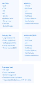 LinkedIn ad targeting infographic detailing job titles, industries, company sizes, experience levels, interests, and skills of the target audience for FinTrust Capital Solutions.